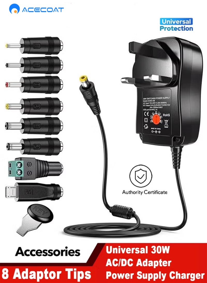 ايسكوت محول طاقة عالمي 30 واط 3 فولت 4.5 فولت 5 فولت 6 فولت 7.5 فولت 9 فولت 12 فولت محول طاقة AC/DC مع 8 رؤوس قابلة للاختيار للأجهزة المنزلية التي تعمل بجهد 3 فولت-12 فولت وشريط LED - 2000 مللي أمبير كحد أقصى - Image 1